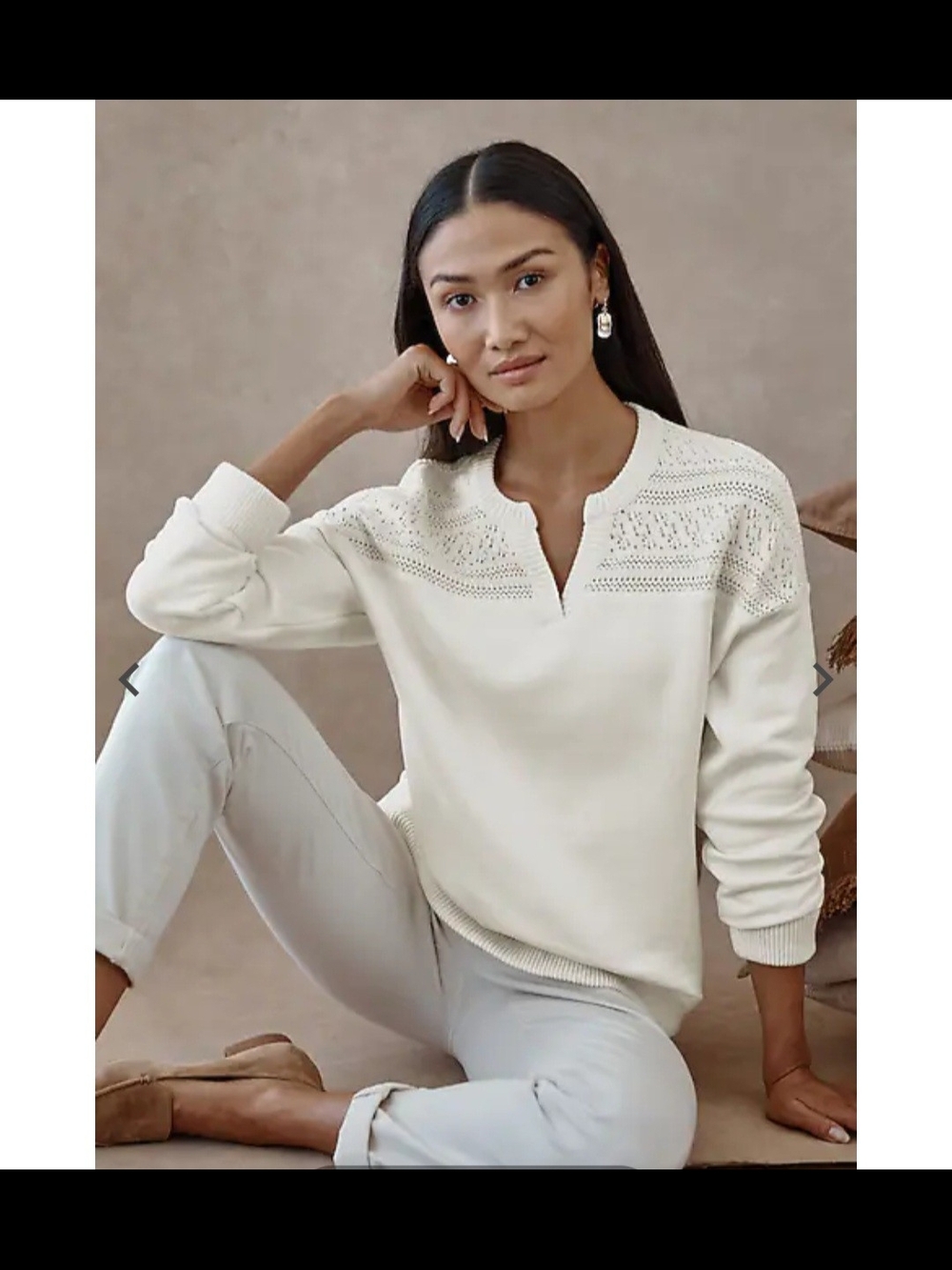J. Jill Open-Knit Cream Split-Neck Sweatshirt
